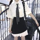 Elbow-sleeve Sequined Shirt With Dotted Tie / Pleated Hem A-line Skirt