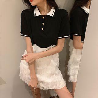 Short-sleeve Frayed Layered Polo Shirt Dress