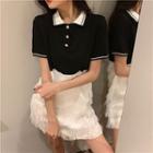 Short-sleeve Frayed Layered Polo Shirt Dress