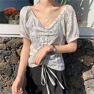 Puff-sleeve V-neck Print Top White - One Size