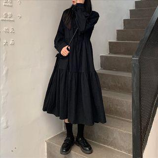 Tie-neck Tiered Plain Midi Dress Black - One Size