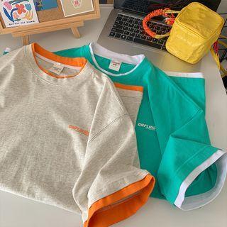 Round Neck Mock Two Piece Lettering Print Elbow Sleeve T-shirt