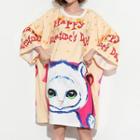 3/4-sleeve Print T-shirt Dress Cat - Light Tangerine - One Size