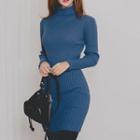 Turtleneck Long-sleeve Knit Dress Blue - One Size