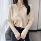 Long-sleeve V-neck Plain Cable Knit Cropped Top