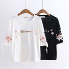 Lace-up Sleeve Embroidered T-shirt