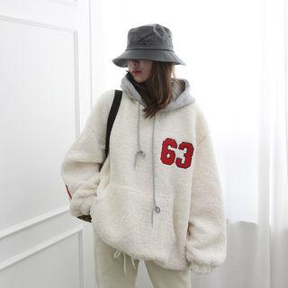 Letter Print Hooded Fleece-sherpa Pullover