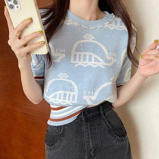 Short-sleeve Faux Pearl Trim Knit Top Blue - One Size