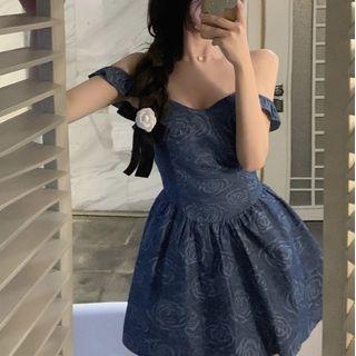 Spaghetti Strap Rose Print Denim Mini Dress