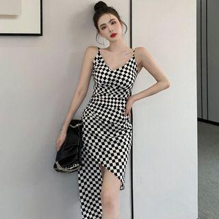 Spaghetti-strap Check Asymmetrical Sheath Dress