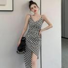 Spaghetti-strap Check Asymmetrical Sheath Dress
