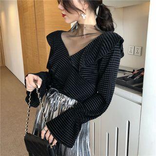 Mesh Panel Ruffle-hem V-neck Top