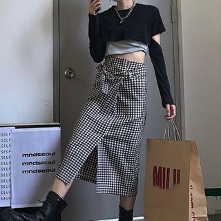 Plaid Midi Skirt / Tank Top / Long-sleeve Top