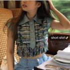 Short-sleeve Tweed Panel Top Blue - One Size