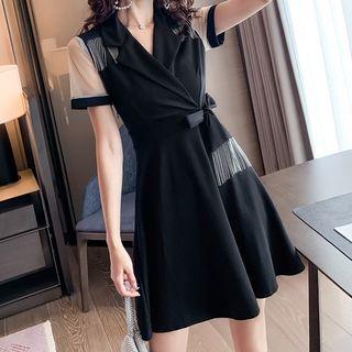 Mesh Panel Short Sleeve V-neck A-line Dress