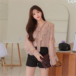 Tie-neck Frilled Dotted Blouse