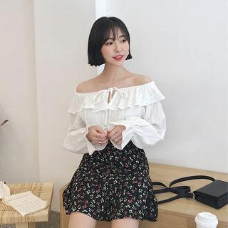 Off-shoulder Puff-sleeve Textured Blouse