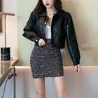 Faux Leather Buttoned Jacket / Mini Skirt