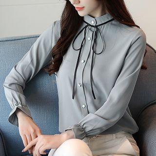 Long-sleeve Frill Trim Mock-neck Shirt