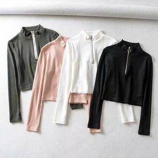 Cropped Mock-turtleneck Half-zip Long-sleeve Top