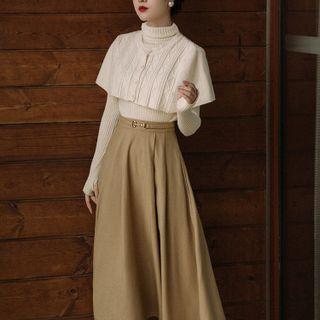 Set: Turtleneck Knit Top + High Waist Midi A-line Skirt + Capelet