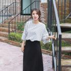 Frilled Elbow-sleeve Striped Top