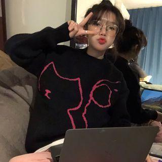 Dog Print Knit Sweater Black - One Size