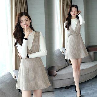 Set: Long-sleeve Top + V-neck A-line Pinafore Dress