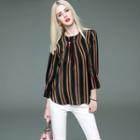 Brooch-accent Striped Silk Blouse