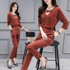 Set: Long-sleeve V-neck T-shirt + Straight Fit Pants