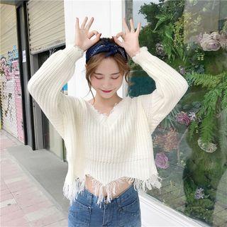 Fray-hem Sweater White - One Size