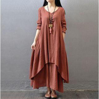 Long-sleeve Plain Layered Midi Dress