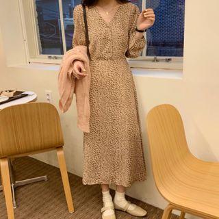 V-neck Leopard Long-sleeve Midi A-line Dress Leopard - One Size