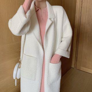 Plain Dual-pocket Long Coat / Knitted Midi Dress