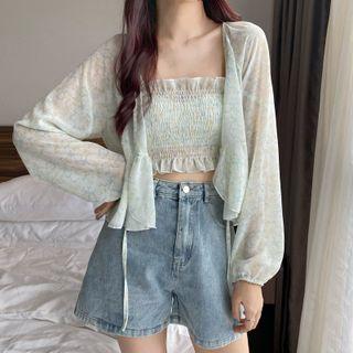 Set: Print Shirred Frill Trim Camisole Top + Tie-front Light Jacket