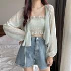 Set: Print Shirred Frill Trim Camisole Top + Tie-front Light Jacket