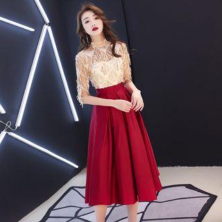 Elbow-sleeve Sequined Fringed Prom Dress