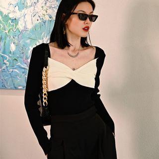 V-neck Two Tone Bow Top