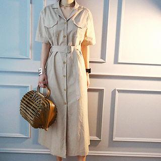 Notched-collar Linen Blend Maxi Shirtdress With Belt