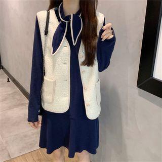 Tie-neck Long-sleeve A-line Dress / Fleece Button-up Vest