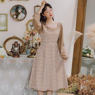 Puff-sleeve Paneled Gingham Midi A-line Dress