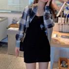 Long-sleeve Plaid Shirt / Spaghetti Strap Mini Sheath Dress / Set