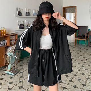 Set: Striped Detail Elbow-sleeve Jacket + Shorts