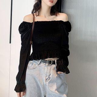 Puff-sleeve Shirred Frill Trim Velvet Top