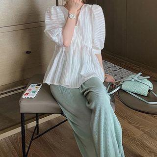 Set: Puff-sleeve Striped Blouse + Wide Leg Pants