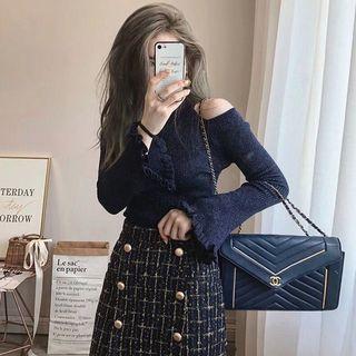 Set: Cutout Knit Top + Midi Tweed Skirt