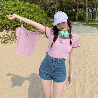 Short-sleeve / Spaghetti Strap Printed Knit Top