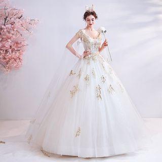 Cape-sleeve Sequined Floral Paneled A-line Wedding Gown