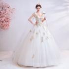Cape-sleeve Sequined Floral Paneled A-line Wedding Gown
