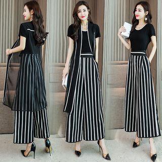 Set: Crew-neck Short-sleeve T-shirt + High Waist Wide-leg Pants + Open-front Long Jacket